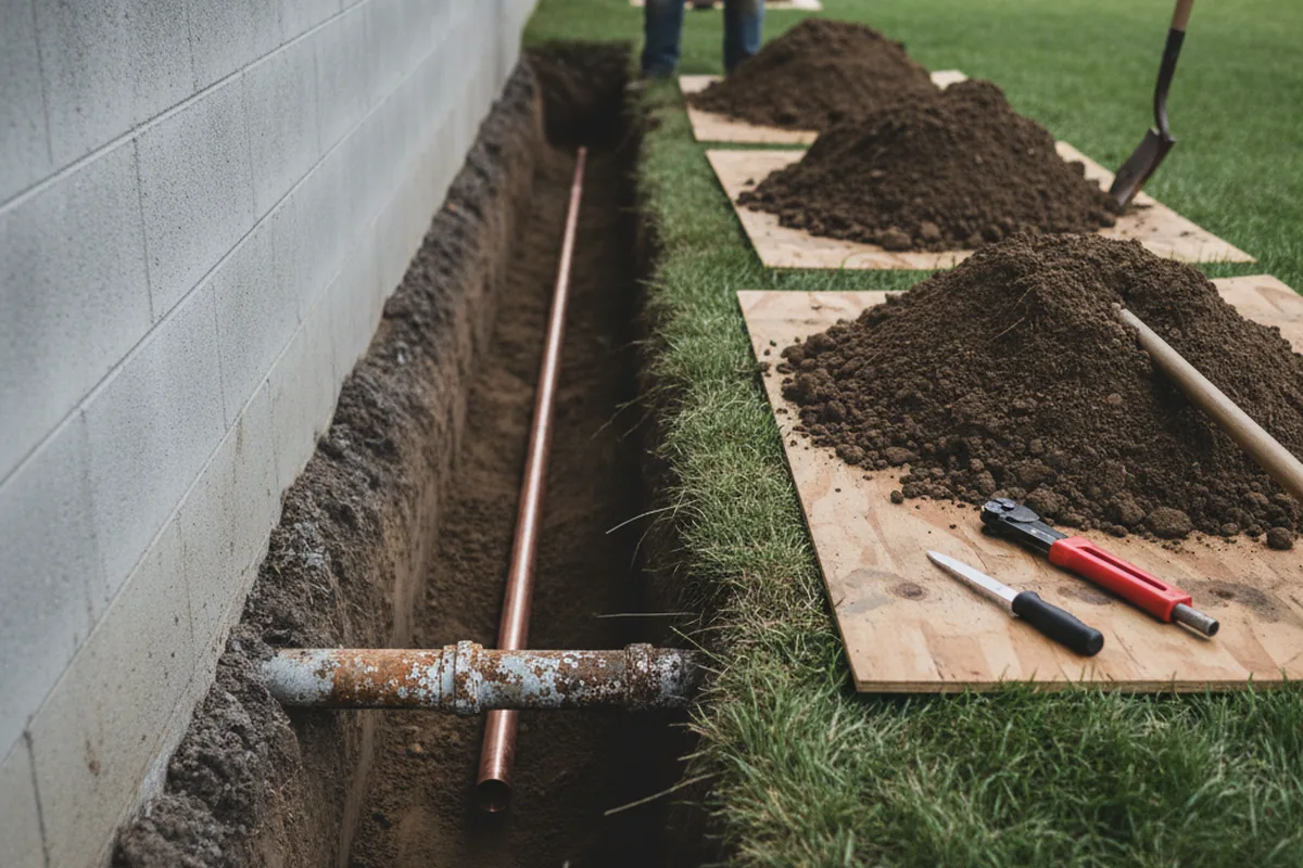 Excavated water line trench during Sewer Line Repair in Middlefield